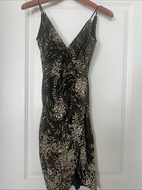 Hello Molly Black & Gold Sequin Midi Slip Dress